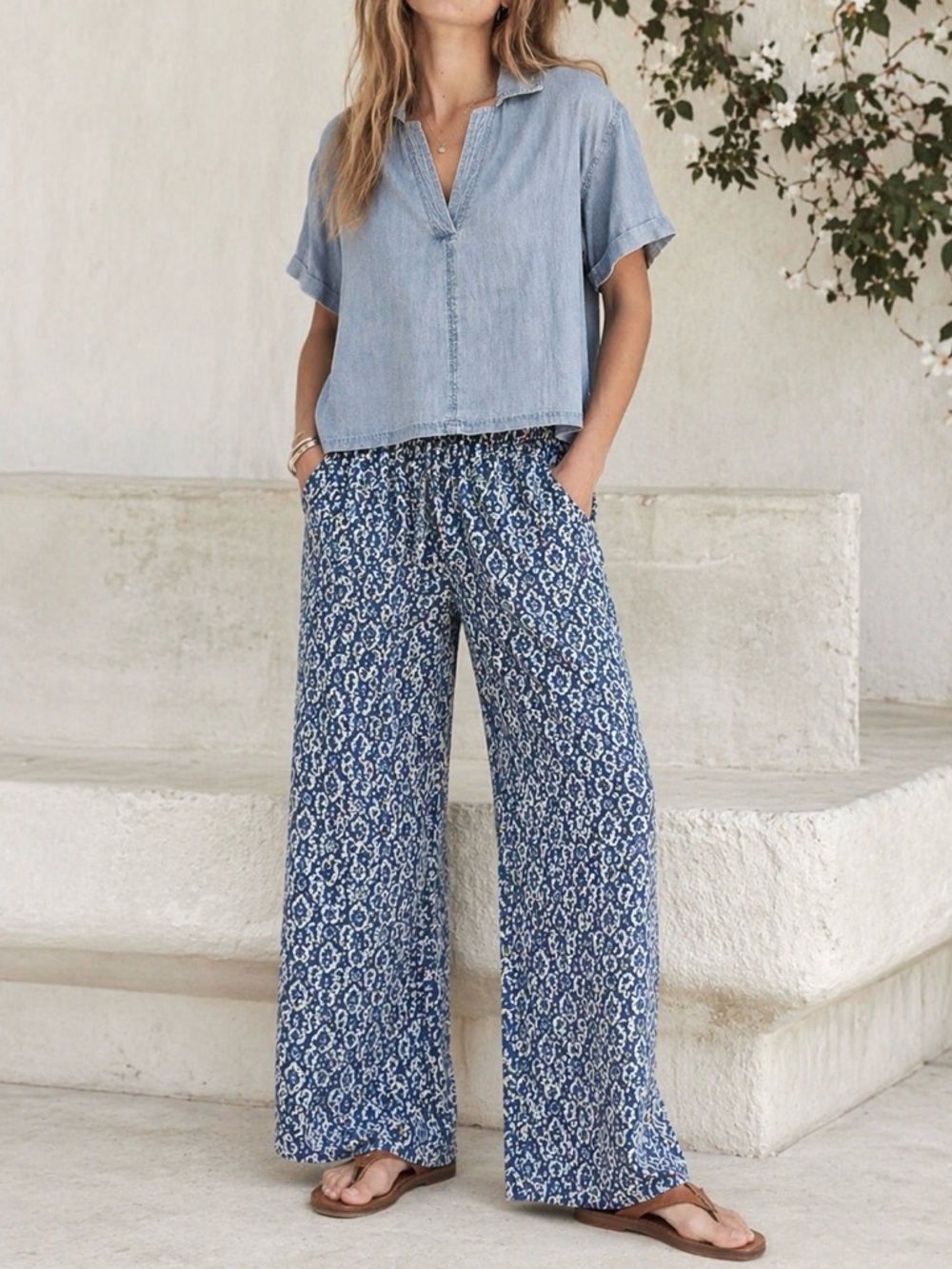 Splendid Blue Tile Print Wide Leg Palazzo Pants NWT Lyocell Boho Resort Medium